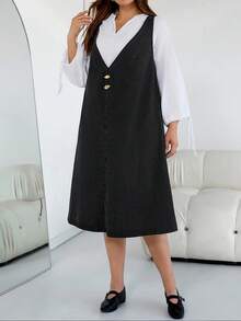 SHEIN CURVE+ 女士黑色秋冬V领A字连衣裙，教师制服，女士所有服装，万圣节服装，女士乡村风格，别致秋季