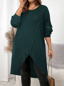 SHEIN Clasi 女式加大码宽松纯色长袖休闲上衣 - 水鴨藍 - 查看 3