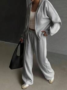 Livesso 女式连帽长袖上衣和宽松长裤运动套装，秋季 - 灰色 - 查看 3