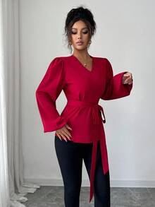 Elenzga 女士V领束腰优雅酒红色衬衫 - 酒紅色 - 查看 3