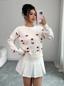 Selianne Women's Casual Heart-Shaped Faux Pearl Crew Neck Raglan Sleeve Sweater, Autumn - White - View 3