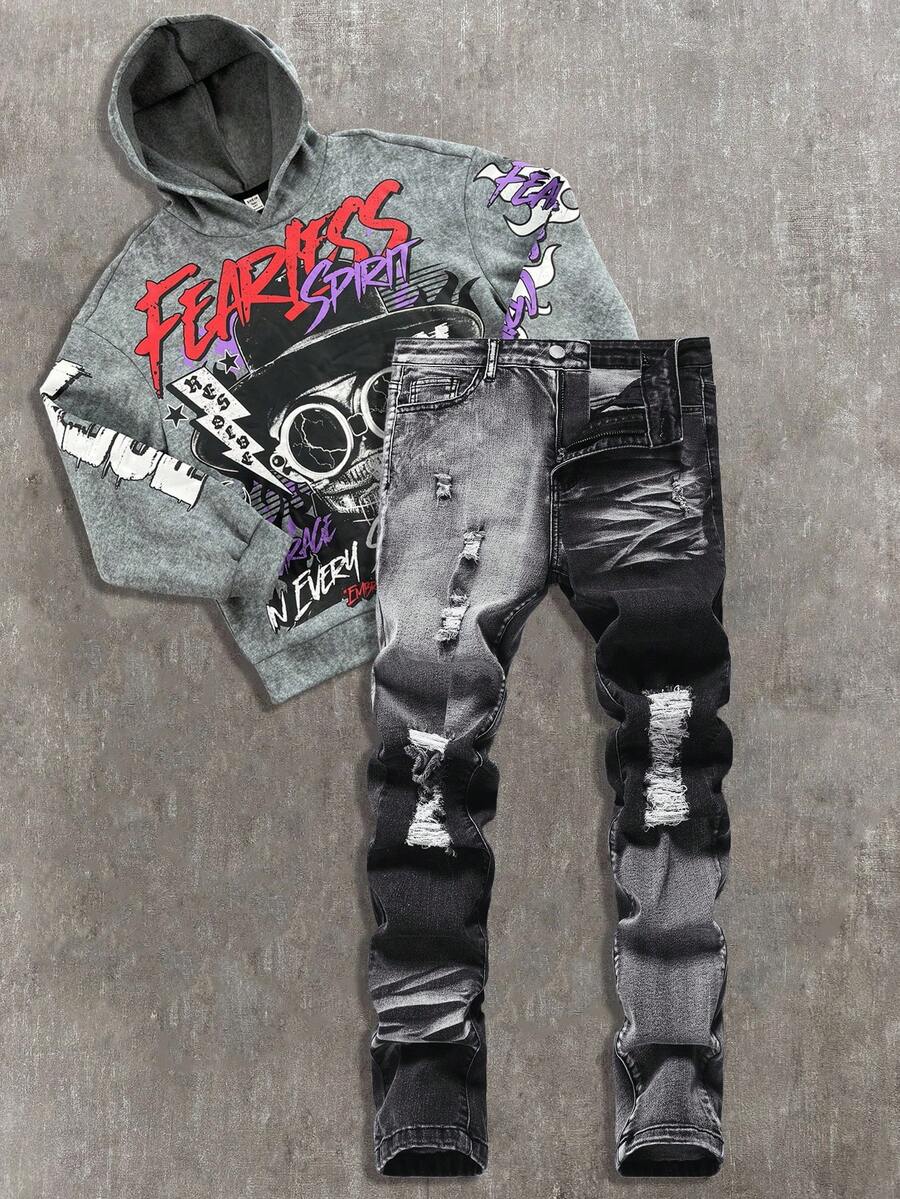 SHEIN 青少年男孩时尚休闲复古镂空破洞磨边设计感渐变水洗灰色弹力牛仔裤,酷炫男童/感恩节男童黑色和灰色牛仔弹力修身破洞牛仔裤,适合儿童男童日常穿着,春夏青少年男童做旧牛仔裤,秋冬款 - 黑色 - 查看 1