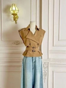 SHEIN MOD 卡其色翻领系带长款风衣，复古外套，冬季外套，节日装 - 卡其色 - 查看 2