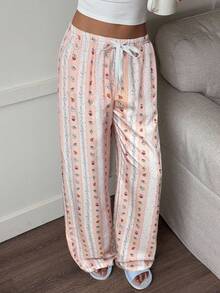 Aloruh New Romantic Striped Bubble Wrinkle Print Cute Cartoon Comfortable Versatile Lounge Pants - Pink - View 6