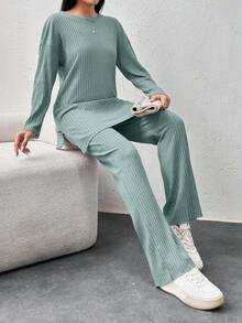 EURMUSE Cotton Drop Shoulder Split Hem Tee & Pants - Mint Green - View 4