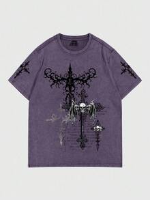 ROMWE MEN Goth Áo thun nam tay ngắn in họa tiết cổ điển - Màu tím - Xem 1