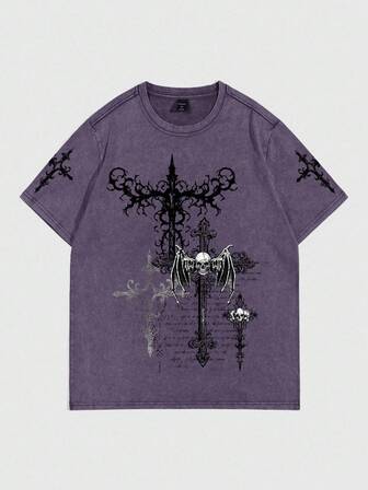 Goth T-shirt à manches courtes imprimé, lavage vintage pour hommes