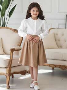 Tween Girl Solid Color Peter Pan Collar Short Sleeve Shirt With Front Buttons, Cute - White - View 2