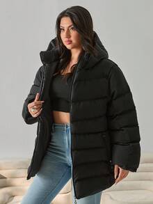 Zip Up Slant Pocket Padded Coat With Fuzzy Trim Fur Hood