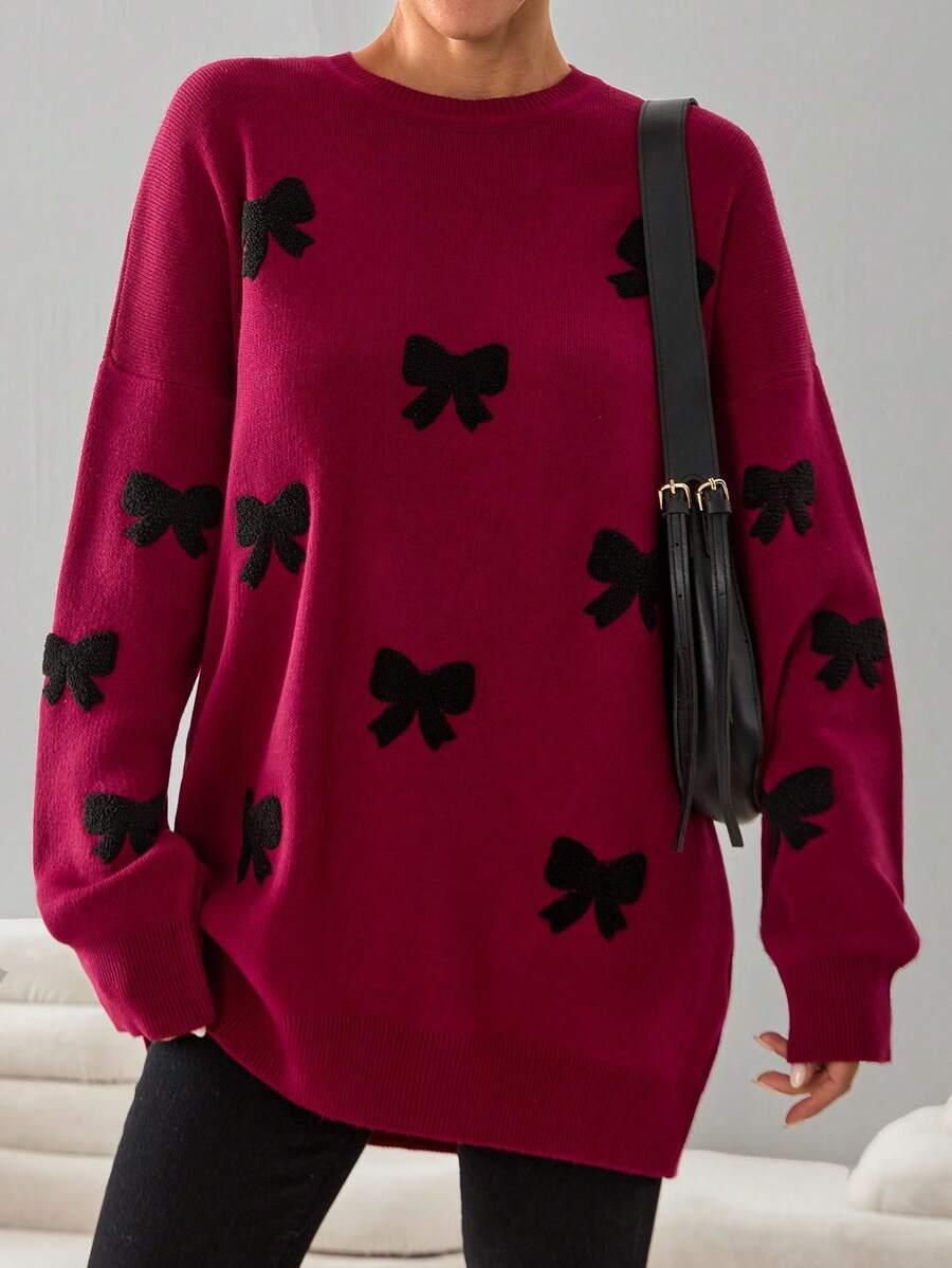 EURMUSE Red Knit Bow Pattern Sweater – Black Bow Jacquard Crewneck Pullover
