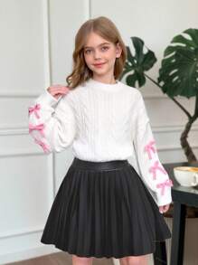 SHEIN Tween Girl Knitted Textured Colorblock Bow Crew Neck Casual Pullover Sweater, Comfortable & Cute, Suitable For Everyday Wear,In Fall/Winter