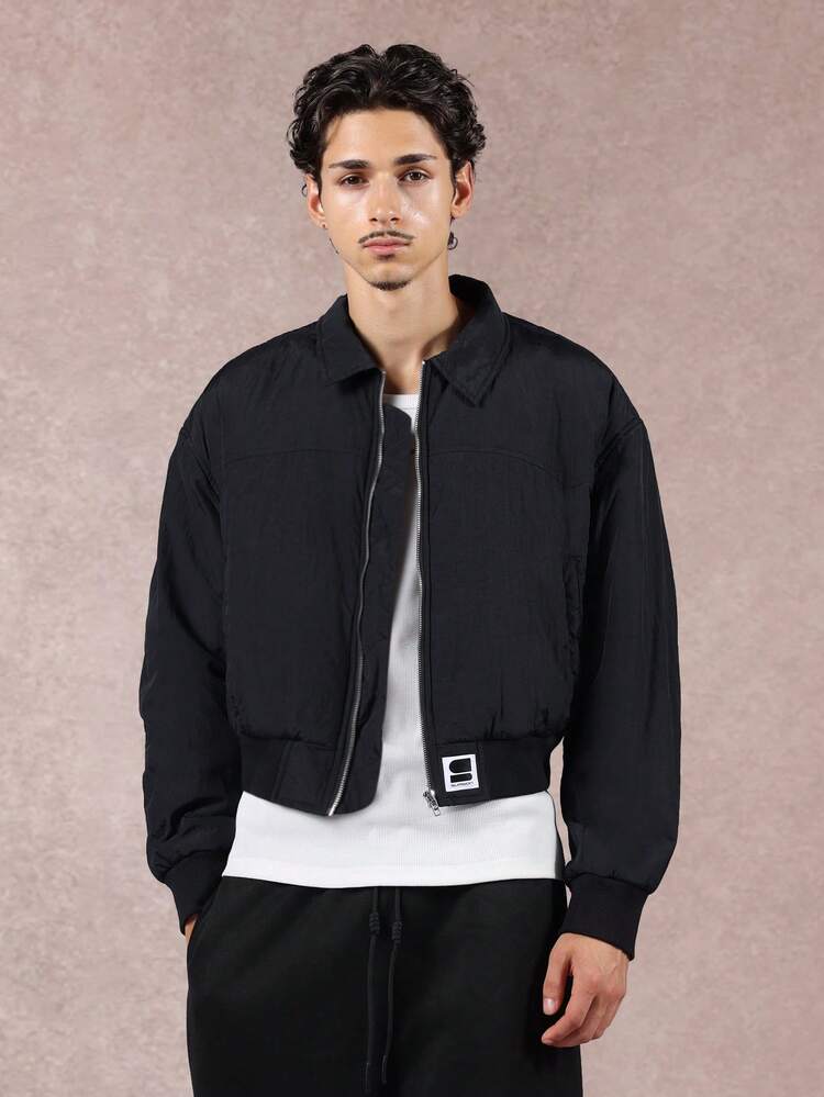 Cropped Padded Bomber Jacket With Harrington Collar