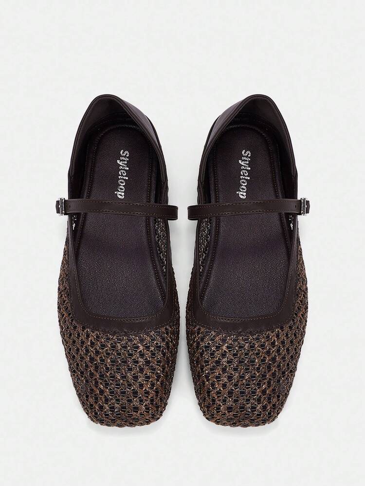 CUCCOO CURVES 여성용 야외 라운드 토 플랫 커피 브라운 우븐 메쉬 패브릭 캐주얼 편안한 통기성 버클 스트랩 플러스 사이즈 플랫 슈즈