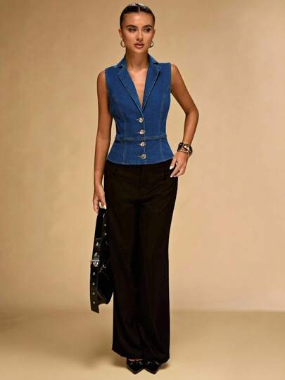 SHEIN BAE 休闲百搭前扣无袖女式牛仔衬衫