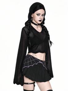 ROMWE Gothic Hooded Pullover Sweater With Flared Sleeves, Halloween - Black - View 2