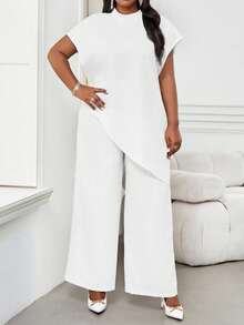 SHEIN Lady 2025新款大码女式钴蓝色纯色圆领3/4袖宽松不对称下摆优雅衬衫情人节新年派对 - 白色 - 查看 4