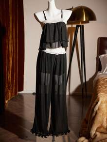 Slumberist SilkySpell 性感网眼透视蕾丝吊带背心和长裤迷人睡衣套装 - 黑色 - 查看 9