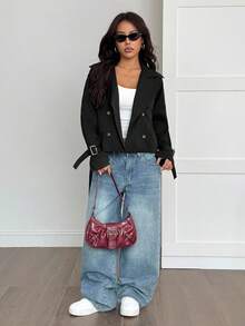 SHEIN PETITE Beige Button-Down Drawstring Trench Coat Women's Black_crop_jacket Women_black_blazer Black_jacket_women Black_belted_jacket Short_black_jacket In Fall/Winter