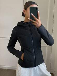 DAZY 女式修身拼布夹棉大衣，秋冬夹克 - 黑色 - 查看 1