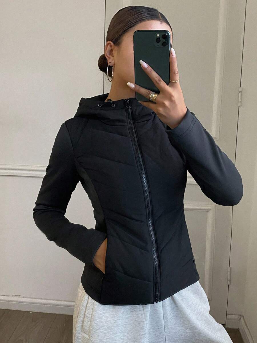 DAZY 女式修身拼布夹棉大衣，秋冬夹克 - 黑色 - 查看 1