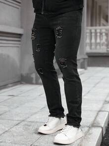 Manfinity Homme Men's Casual Solid Color Distressed Slim Fit Denim Jeans Ripped Black Jeans Boyfriend & Husband Regular Washed For Slim-Fit - Black - View 6