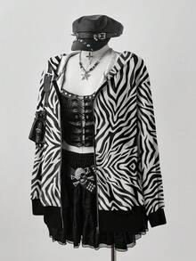 Áo khoác nỉ dáng dài có khóa kéo Sunspun dành cho nữ cỡ lớn, họa tiết da báo, chất liệu gân, thích hợp cho mùa thu đông. - Nhiều màu - Xem 3