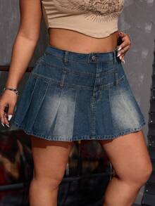 SHEIN CURVE+ Plus Size Summer Casual Washed Pleated Denim Skirt - Blue - View 5