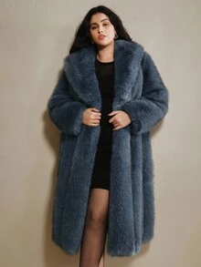 Anewsta Plus Size Women Solid Color Long Fluffy Fuzzy Coat