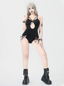 ROMWE Goth 女式哥特朋克摇滚系带性感紧身衣 - 黑色 - 查看 6