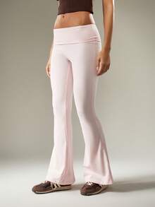 MISSGUIDED Fold Over Waist Bell Bottom Flared Leggings Performance Retro Y2K Fashion Statement Fall Winter Leisure Wear - Pink - View 2