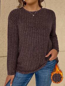 Vionelle Plus Size Casual Ribbed Knit Pullover T-Shirt, Autumn/Winter Formal Maroon - Coffee Brown - View 7