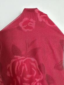 Sunnyshic Rose Pink Rose Print Sexy Sweet Vacation Style Off Shoulder Asymmetrical Sleeve Design Waist Ruched Women 2 Pieces Set - Hot Pink - View 3