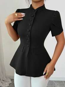 Elenzga 女士休闲别致西西里优雅衬衫，浪漫法式风格，适合通勤、度假、下午茶、派对，纯色，立领，前扣，泡泡袖，A 字型，装饰口袋，短袖，春夏 - 黑色 - 查看 3
