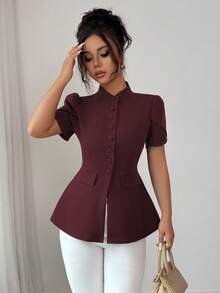 Elenzga Áo sơ mi nữ tay ngắn thanh lịch phong cách Sicilia, cổ đứng, cài nút phía trước, tay bồng, dáng chữ A, túi trang trí, thích hợp mặc khi đi làm, đi nghỉ, tiệc trà chiều, tiệc tùng, xuân/hè - Màu Tím - Xem 5