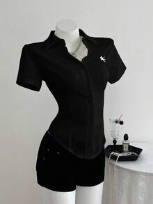 Elamini Embroidered Waist Fitted Short Sleeve Women Shirt - Black - View 5