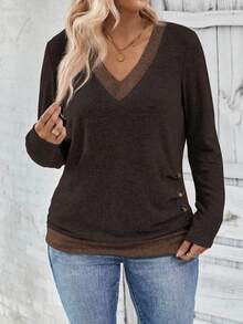EMERY ROSE New Casual V-Neck Long Sleeve Contrast Color T-Shirt For Women - Coffee Brown - View 4