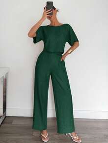 Siren Gaze Bộ 2 áo sơ mi và quần xếp ly màu trơn dành cho nữ thường ngày - Màu xanh lá cây đậm - Xem 4