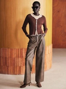 Lumivelle Women's Casual Contrast Color Single-Breasted Knit Cardigan, Autumn Fall Winter Cloth For Women - Coffee Brown - View 3