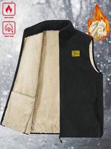 Manfinity Homme Plus Size Men's Autumn/Winter Stand Collar Fleece Vest, Versatile Black Casual Padded Sleeveless Jacket Cardigan