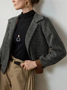 Uhlyne 秋冬新款时尚梭织翻领格纹优雅长袖休闲修身纽扣设计女式夹克外套 - 黑色 - 查看 2