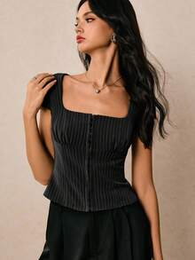 Poéselle 女式上衣 条纹上衣 短袖衬衫 女式衬衫 短款上衣 女式夏季休闲条纹修身上衣 上衣 乡村音乐会 音乐会 女式生日 街头服饰 节日 - 黑色 - 查看 6