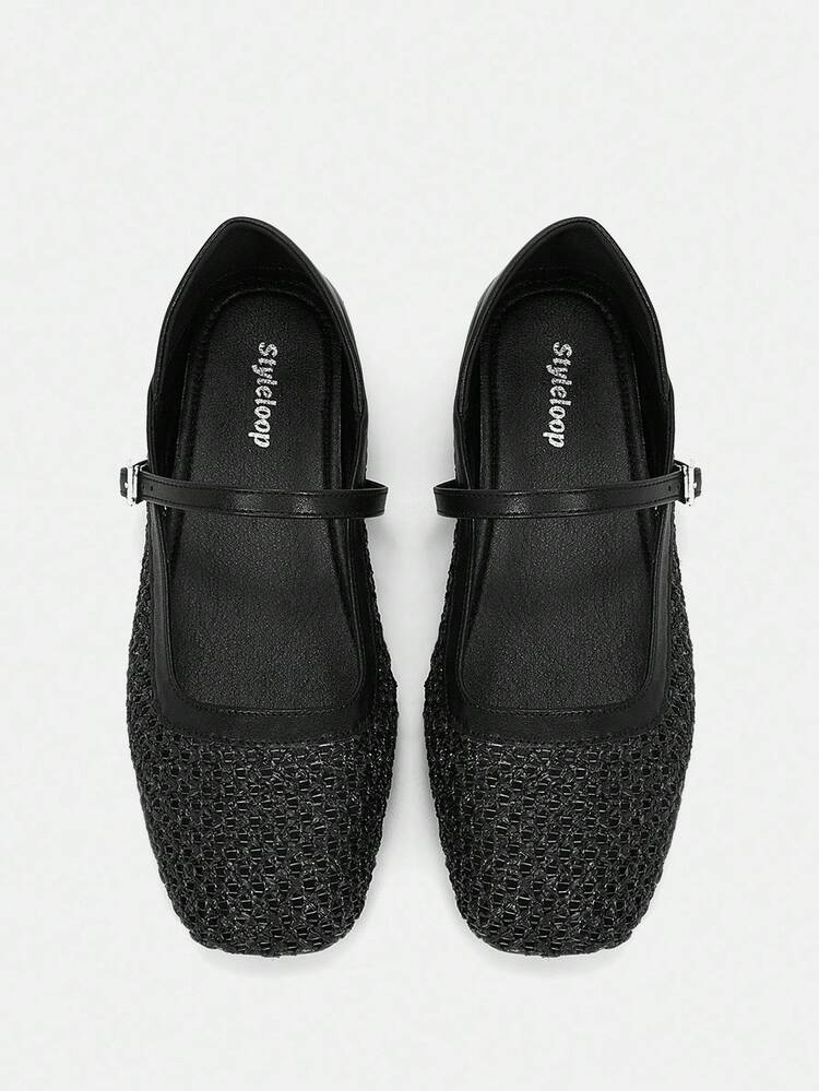 CUCCOO CURVES 여성용 야외 라운드 토 플랫 블랙 우븐 메쉬 패브릭 캐주얼 편안한 통기성 버클 스트랩 플러스 사이즈 플랫 슈즈