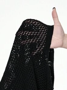 ROMWE Gothic Hooded Pullover Sweater With Flared Sleeves, Halloween - Black - View 8