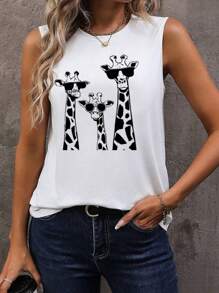 EMERY ROSE Casual Minimalist Black & White Giraffe Print Loose Fit Sleeveless Round Neck Tank Top For Women, Suitable For Summer,Casual - White - View 2