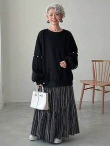 FRIFUL 女士圆领珍珠纽扣装饰灯笼袖宽松网眼拼接袖加厚纯色运动衫，万圣节服装秋冬 - 黑色 - 查看 7