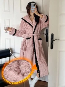 DAZY Women's Textured Fleece Patchwork Hooded Robe, Winter, Fall Fluffy Pajama, Cozy - Pink - View 3