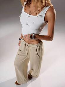 TRNVIE 1 pieza Pantalón deportivo casual con efecto desgastado color caqui para mujer, de talle bajo, adecuado para la temporada de vuelta al colegio, otoño