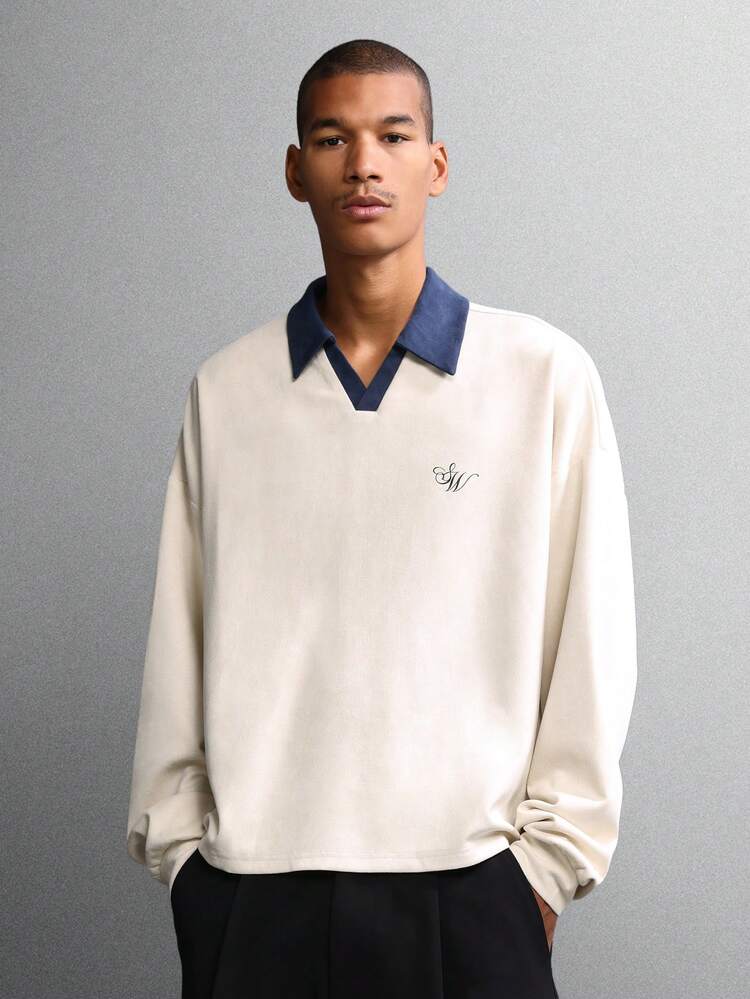Regular Fit Long Sleeve Suede Polo With Contrast Collar