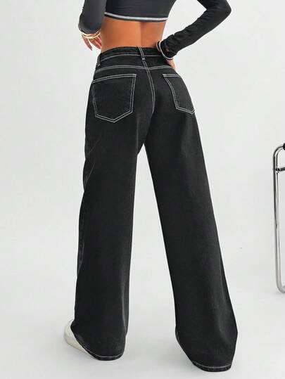 EURMUSE Blugi drepți cu talie joasă, albi, cu detalii din fir