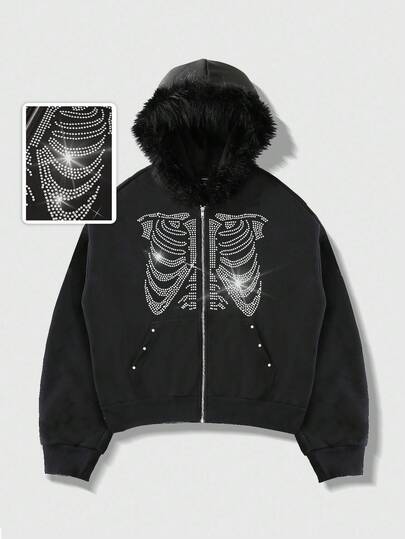 Goth Men Oversized Sparkly Diamond Fuzzy Collar Hoodie Sweatshirt, Loose Short Style, Fall Winter